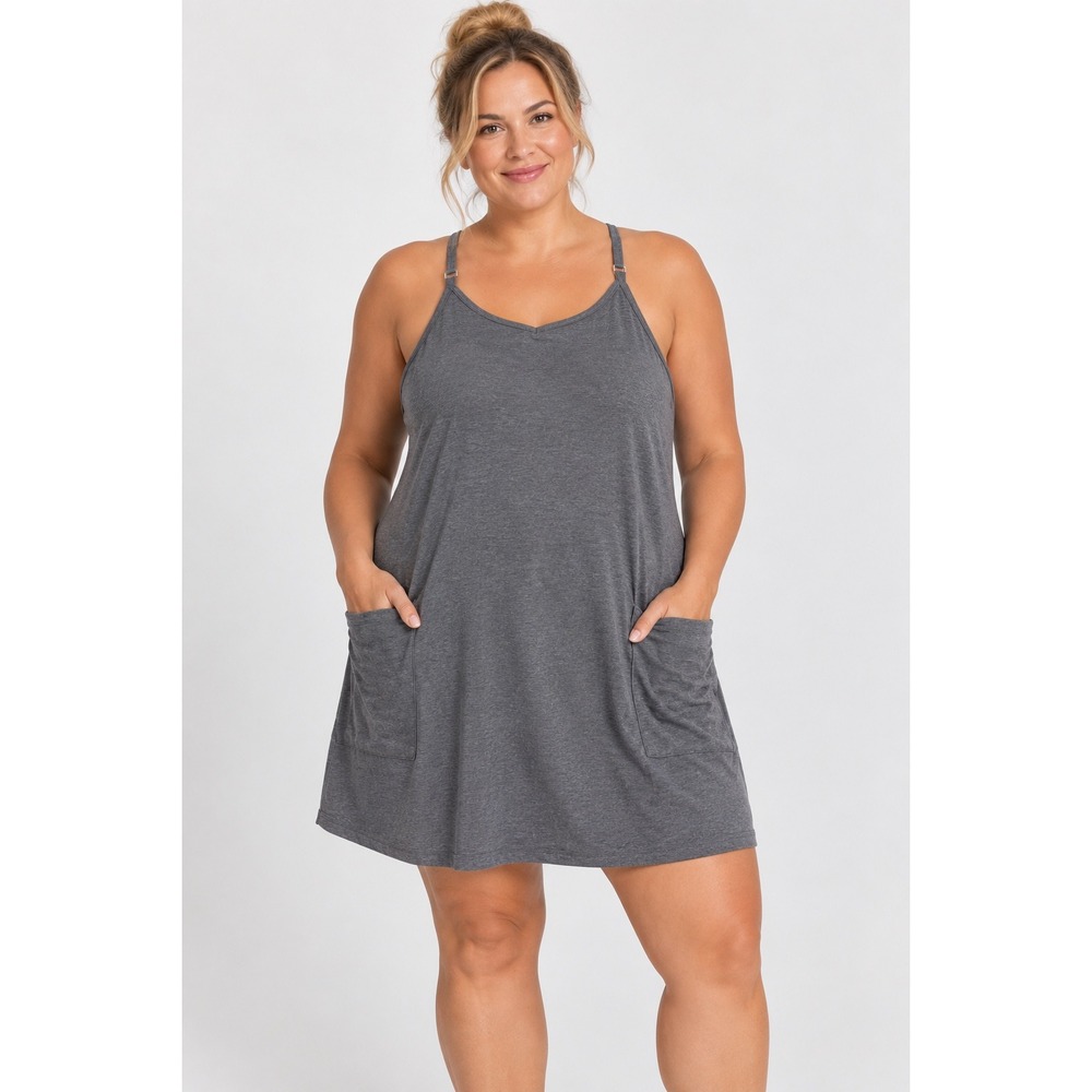 Gray Sleeveless Mini Dress Built In Short Pockets XL Heathered Jersey Athleisure